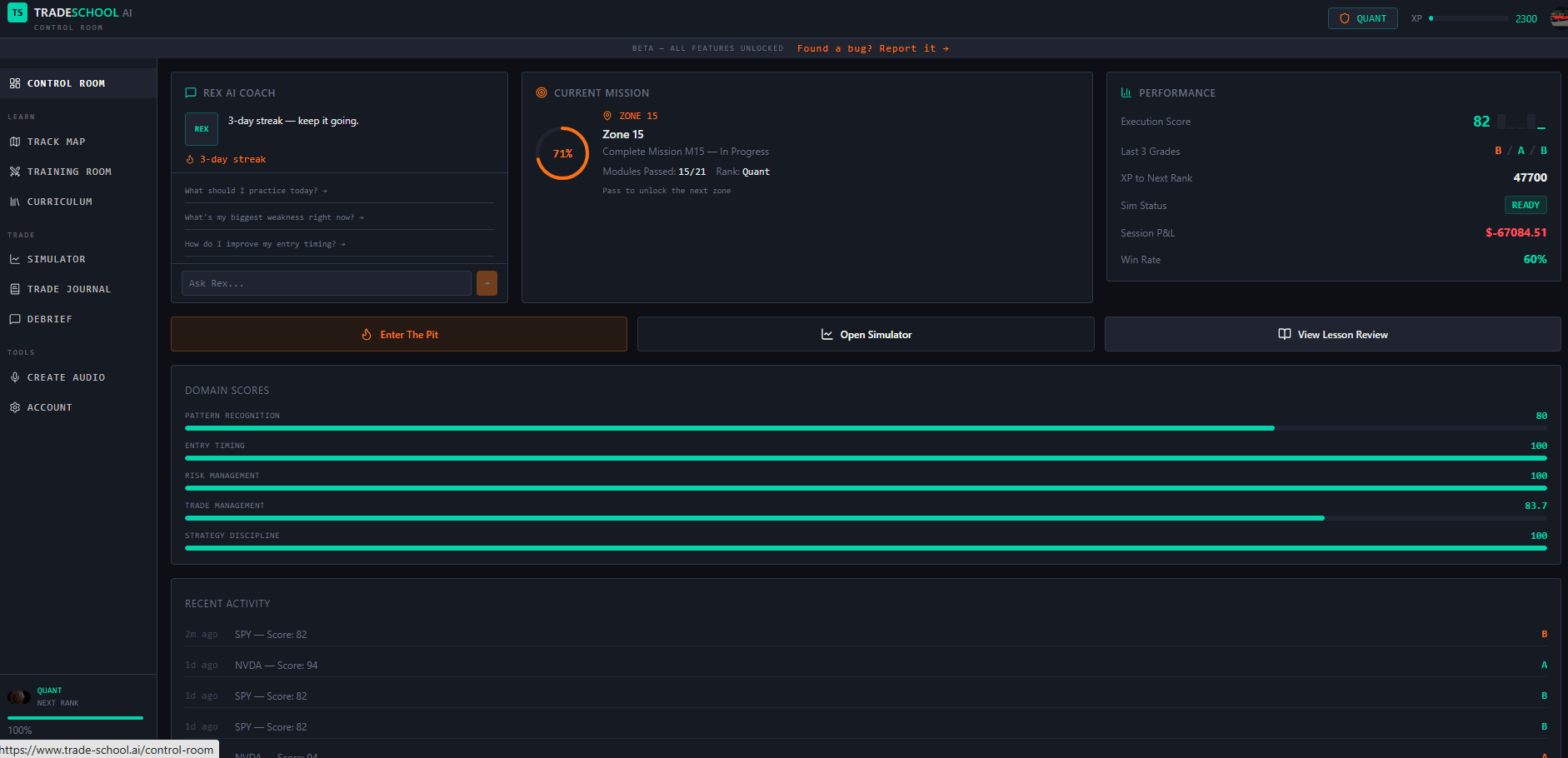TradeSchool AI Control Room — domain scores, Rex panel, execution score