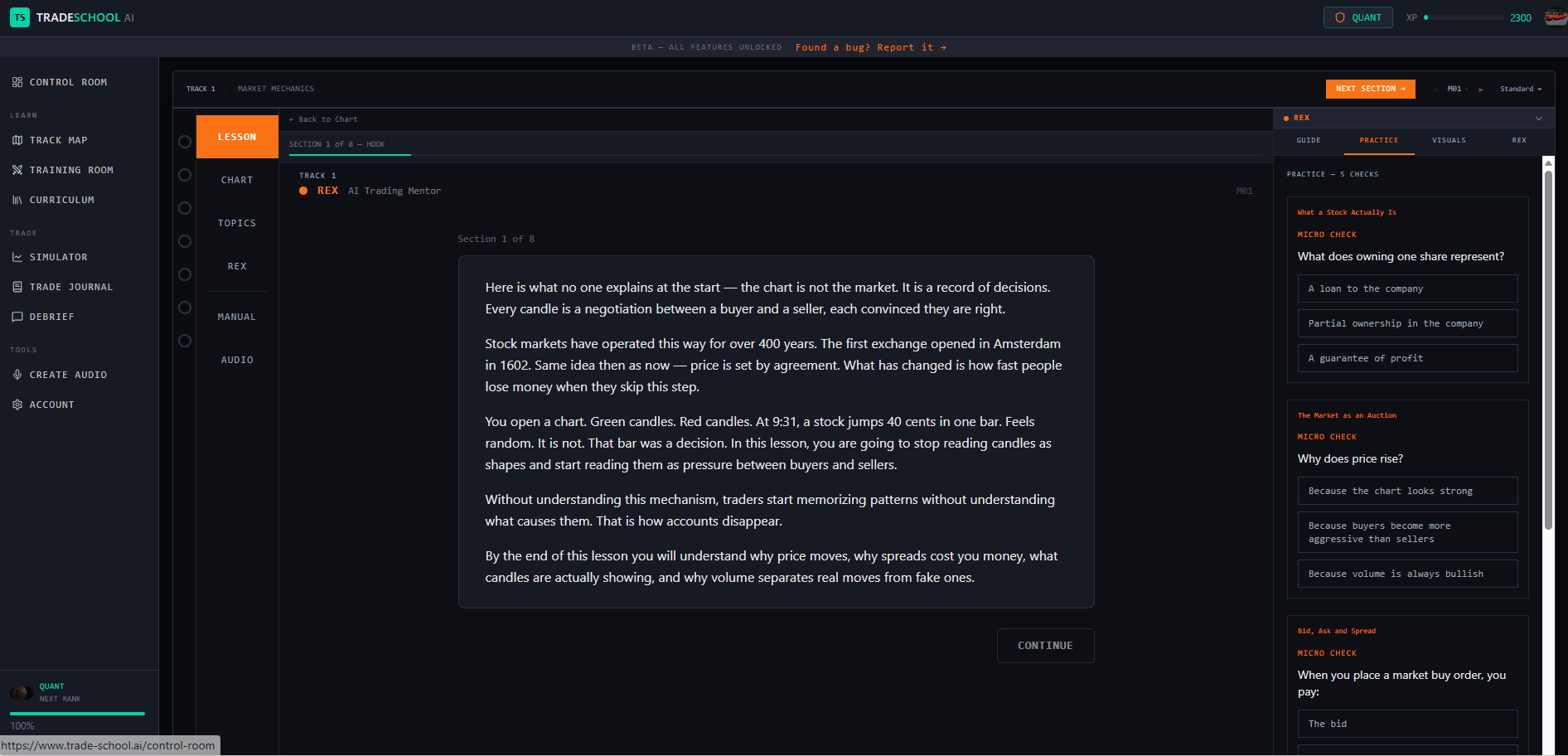 Concept lessons with live micro-checks